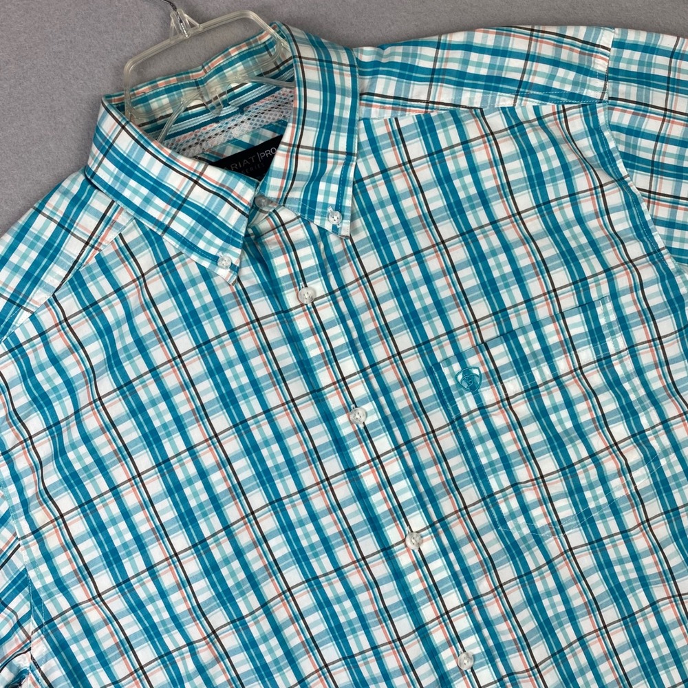 Ariat Pro Series Mens Large Turquoise Plaid Short Sleeve Button Down Shirt